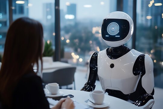 Futuristic business meeting with humanoid robot and woman in modern office space
