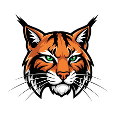 Bobcat Face Illustration: A majestic bobcat head, rendered in vivid orange and black, stares intensely with piercing green eyes, showcasing its regal stature and untamed essence. 