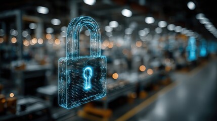 Cybersecurity in a futuristic industrial setting, a glowing digital padlock in focus.