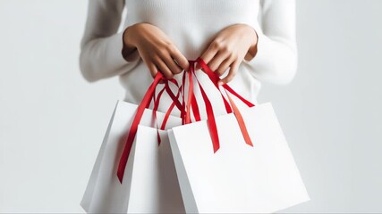 Woman carefully wrapping decorative red ribbons around white shopping bags, presenting elegant retail gift packaging with luxurious styling