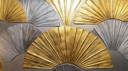 Close up of gold and silver fan shaped wall art with radiating textured lines design