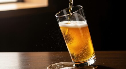 Golden lager with frothy head in motion against dark background
