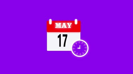 17 May month calendar with time symbol on colorful background. Simple calendar icon animation and date change of time month with Clock with violet background.
