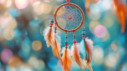 Close up of a dreamcatcher with feathers and beads hanging against a blurred background