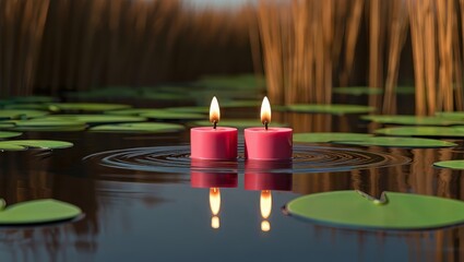 Two pink floating candles are reflected in the water among lily pads
