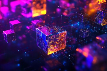 Naklejka premium Dynamic neon cubes network glowing with vibrant energy for modern technology designs