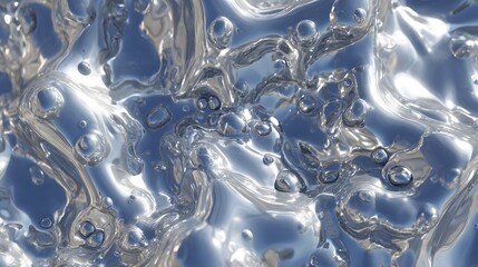 A captivating close-up view of a liquid metal's reflective surface, showcasing swirling patterns and numerous bubbles.