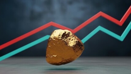 A rough golden nugget sits poised between rising teal and red arrow lines The composition suggests growth potential finance investment