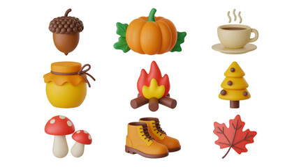 Autumn Icons: Acorn, Pumpkin, Coffee, Honey, Campfire, Tree, Mushrooms, Boots, Leaf