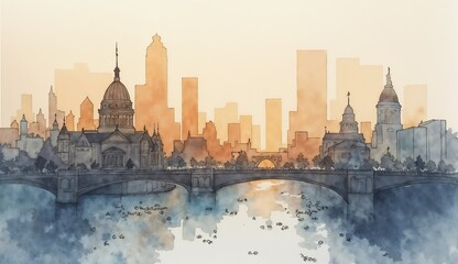 Obraz premium City skyline at sunset with a watercolor effect over a bridge and river 