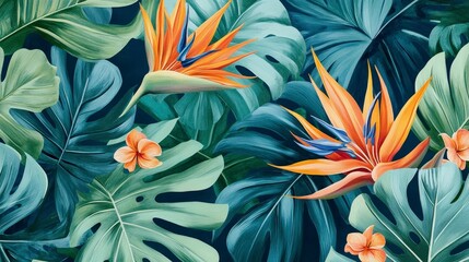 Tropical floral pattern with orange bird of paradise flowers and green monstera leaves