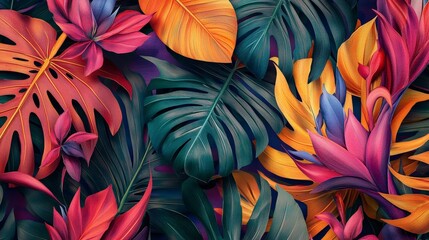 A vibrant display of tropical foliage featuring monstera leaves and exotic flowers
