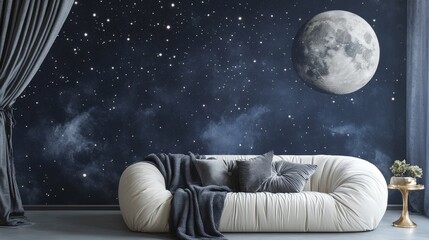 A living room with a moon and stars wallpaper and a white sofa with gray accents decor