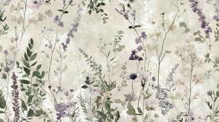 Watercolor floral pattern with lavender, green and white flowers on a light background