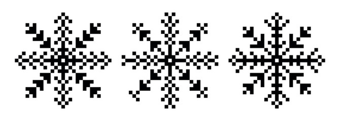 Set of pixel snowflakes on white background. Black retro snowflake icons. Isolated vector illustration.