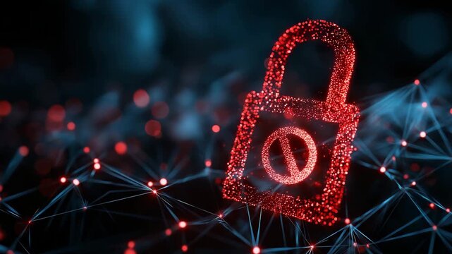 A red and blue of a lock with a no entry sign. The lock is surrounded by a web of lines. Blockchain network with glowing digital lock and red ban icon overlay,crypto ban, futuristic sci-tech dark 