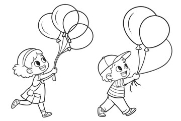 black and white line drawing of two children holding balloons.