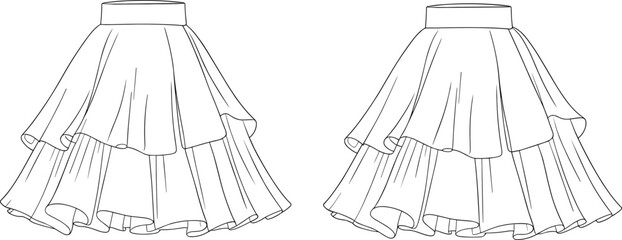 Layered ruffle skirt flat sketch, black and white fashion design, technical clothing drawing template for garment designers and pattern makers