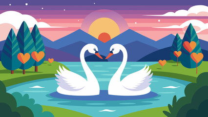 Obraz premium love swans on the lake vector illustration
