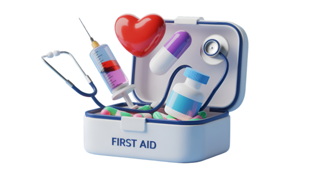 First Aid Kit with Medical Supplies and Heart Symbol - Powered by Adobe