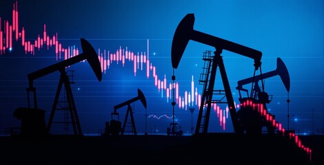 Oil pump jacks with red declining financial chart on blue background illustrating falling oil prices and energy market crisis concept. Ai generative