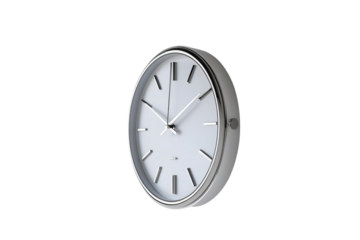 sleek silver wall clock with a white face and minimalist design, no background