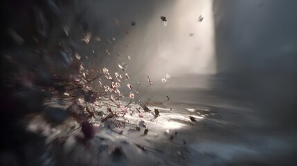 Naklejka premium A dramatic scene depicts a whirlwind of small, delicate blossoms and dried leaves, swirling around a cluster of plant stems, bathed in soft, ethereal light.