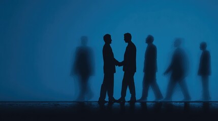 Silhouettes of businessmen shaking hands in front of a blurred background of walking figures.