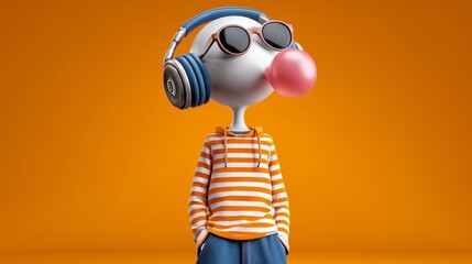 Cartoon character with headphones and a bubblegum in his mouth. The cartoon character is wearing an orange and white striped shirt