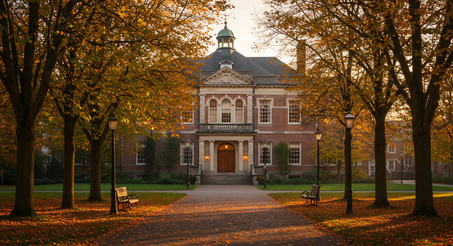 Stately Red Brick University Building in Autumn – Classical Campus Architecture with Vibrant Fall Foliage - Powered by Adobe
