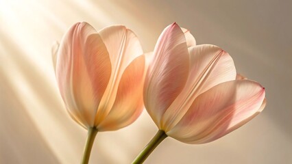 Naklejka premium Softly lit pastel pink tulips gracefully bloom in gentle sunlight