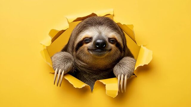 Funny Sloth Peeking Through Torn Yellow Paper - A cute sloth playfully peeks through a hole in a bright yellow piece of paper, creating a humorous and eye-catching video.