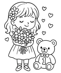 Girl with Flowers, Teddy Bear & Hearts