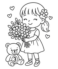 Girl with Flowers, Teddy Bear & Hearts