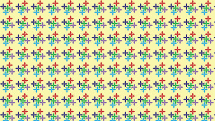 Abstract pattern of colorful plus signs on a light yellow background