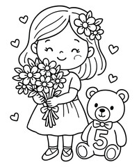 Girl with Flowers, Teddy Bear & Hearts