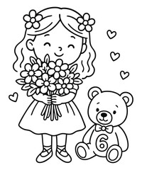 Girl with Flowers, Teddy Bear & Hearts