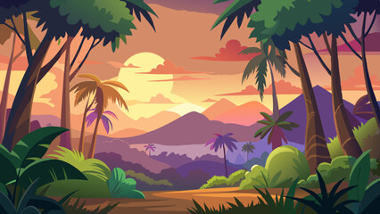 rainforest or tropical forest at sunset time scene