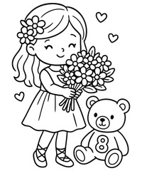 Girl with Flowers, Teddy Bear & Hearts