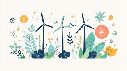 Illustrating a minimalist bioeconomy concept featuring wind turbines and greenery in a natural setting for sustainable energy awareness
