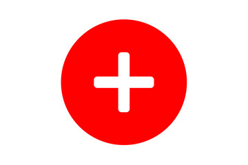 red circle with white plus sign: add, new, create, cross, and medical emergency icon