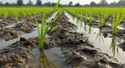 Tranquil rice paddy vista exhibiting seedling growth and water reflection with soil details