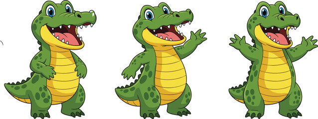 Cartoon crocodile illustration, cute green alligator character, smiling reptile mascot vector art, happy wildlife animal design for kids and fun