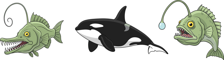 Cartoon Deep Sea Creatures and Killer Whale – Anglerfish, Fangtooth, and Orca Vector Illustrations for Kids and Ocean Art