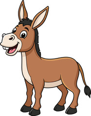 Cartoon donkey illustration, cute brown farm animal character, happy smiling mule vector art, domestic livestock design for kids and fun