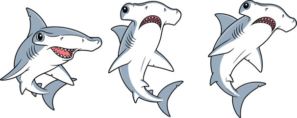 Cartoon hammerhead shark illustration set with funny expressions isolated on white background for mascot, ocean wildlife design, and vector art