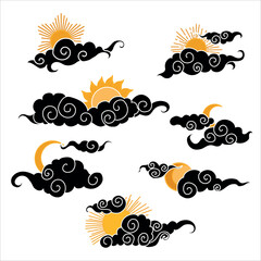Tibetan sky. Smoke. Set Black Asian cloud with moon, sun and stars. Japanese Korean Chinese cloud style. Asian traditional ornaments. Vector illustration