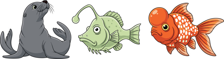 Cartoon Sea Animals Set – Cute Seal, Anglerfish, and Bubble Eye Goldfish Vector Illustrations for Kids and Marine Design