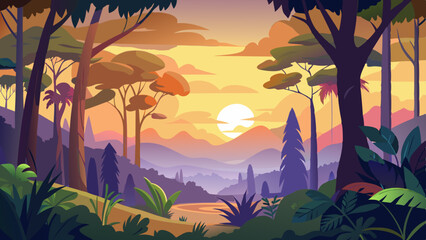 rainforest or tropical forest at sunset time scene