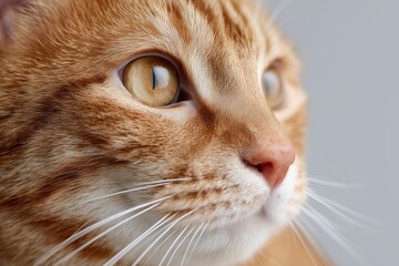 Close-up of a domestic orange tabby cat with striking yellow eyes, showcasing its soft fur texture and whiskers, highlighting the beauty of feline features and expressions